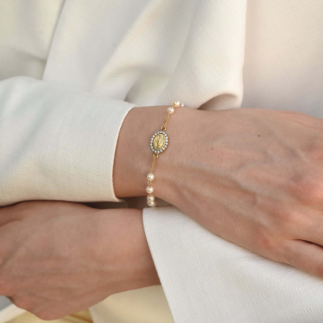 MIRACULOUS MEDAL IN CROSS - CHRISTIAN BRACELET - GOLD AND PEARLS