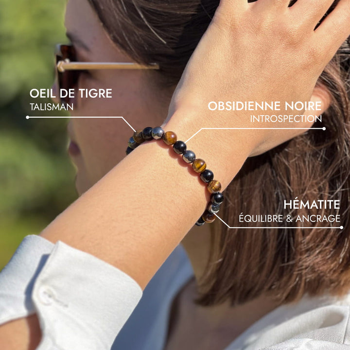 "3 Protections" Bracelet in Tiger's Eye, Hematite & Black Obsidian