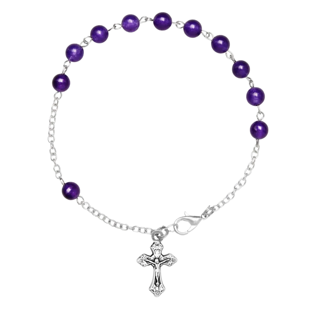 AMETHYST BEAD ROSARY BRACELET - METAL