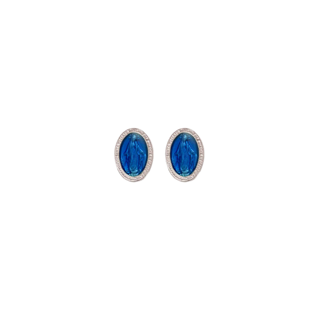 BLUE MIRACULOUS MEDAL - STUD EARRINGS - SILVER