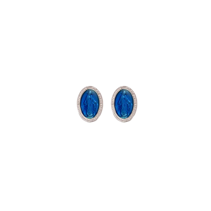 BLUE MIRACULOUS MEDAL - STUD EARRINGS - SILVER
