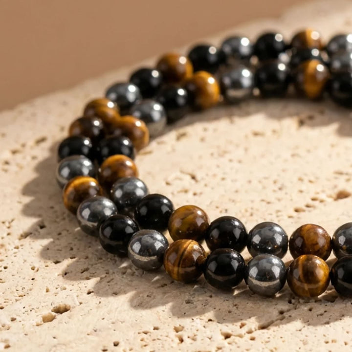 "3 Protections" Necklace in Hematite, Obsidian & Tiger's Eye