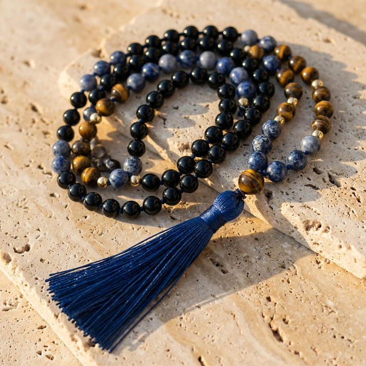 Sodalite, Tiger Eye & Black Onyx Mala Necklace
