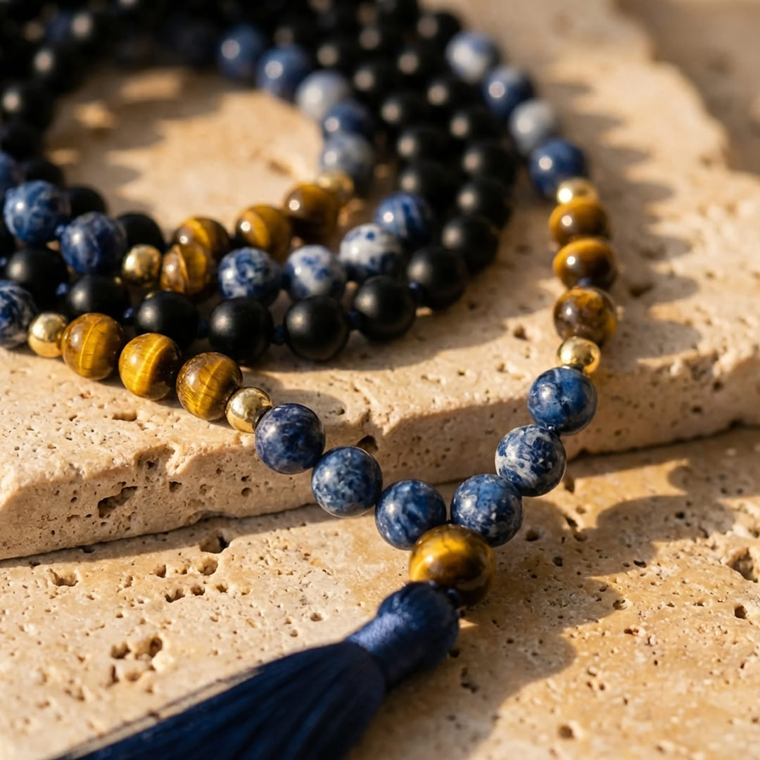 Sodalite, Tiger Eye & Black Onyx Mala Necklace