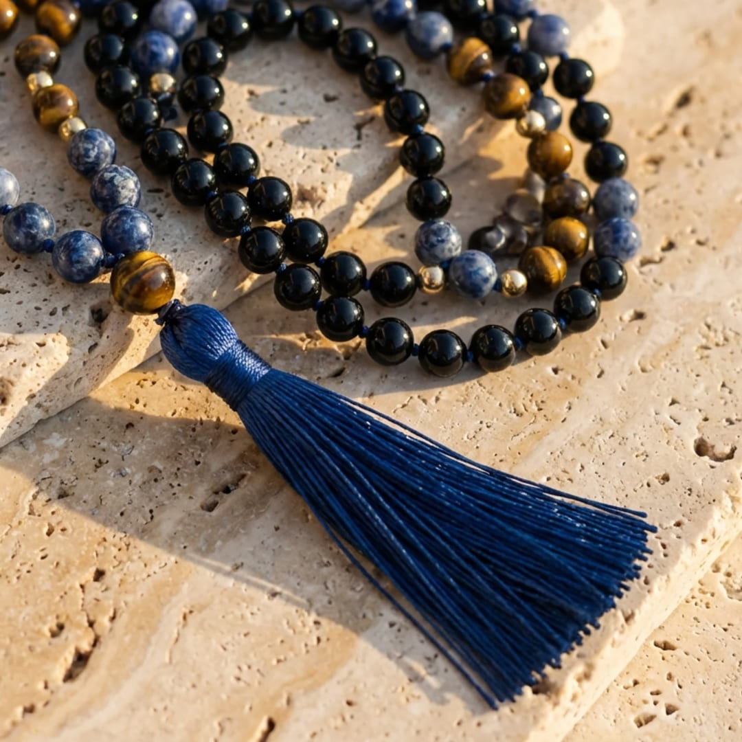 Sodalite, Tiger Eye & Black Onyx Mala Necklace