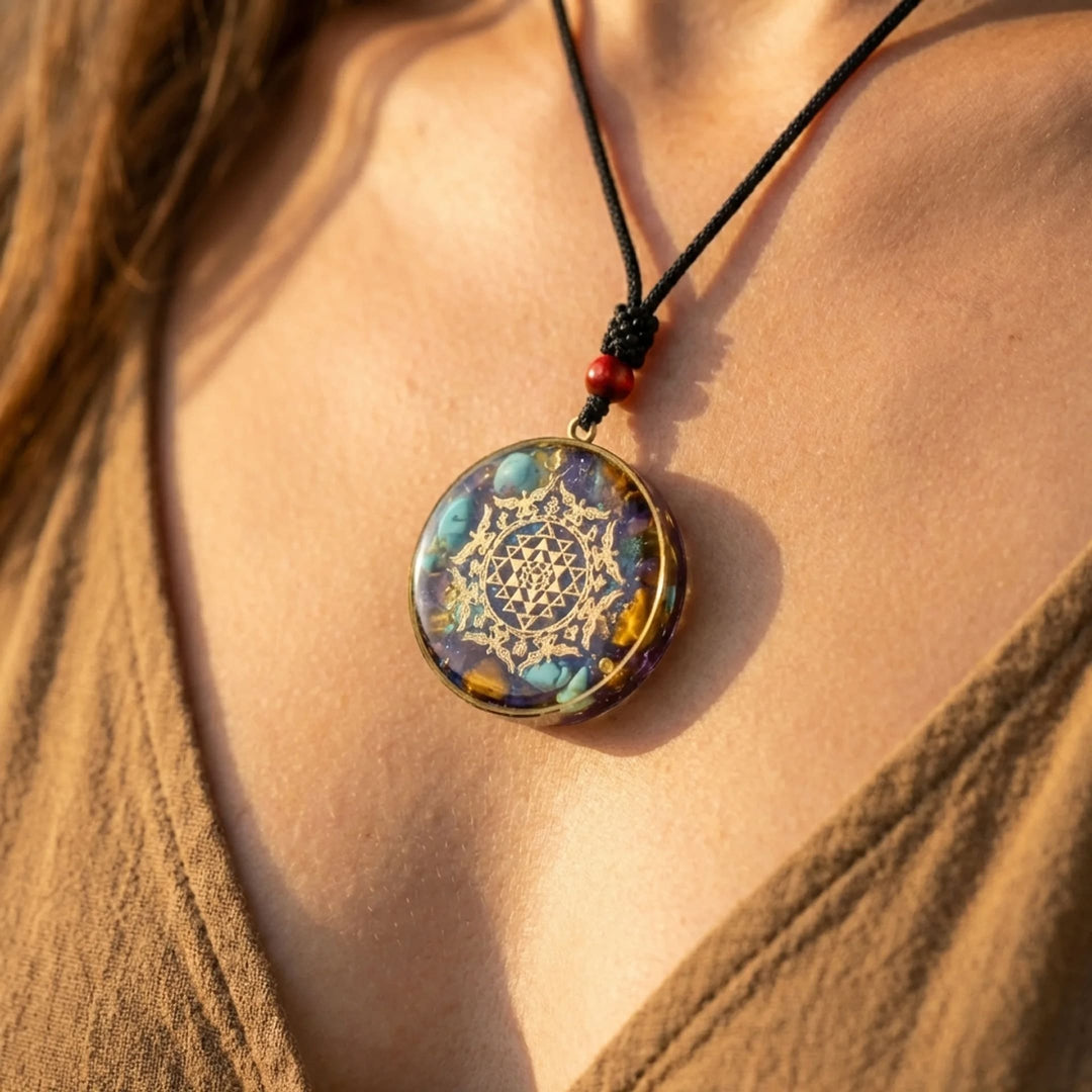 Orgonite Pendant "Sri Yantra" in Turquoise & Tiger Eye