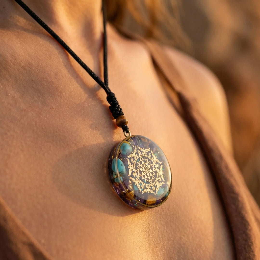 Orgonite Pendant "Sri Yantra" in Turquoise & Tiger Eye