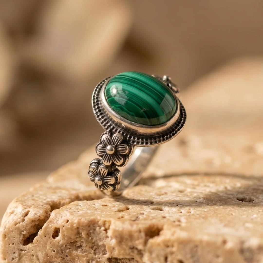 "Transformation Flower" Ring in Malachite