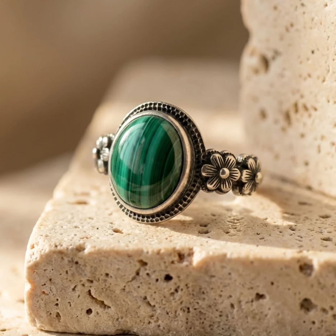 "Transformation Flower" Ring in Malachite