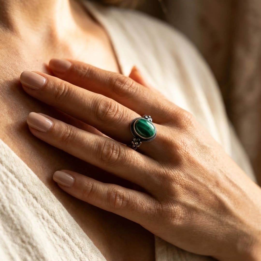 "Transformation Flower" Ring in Malachite
