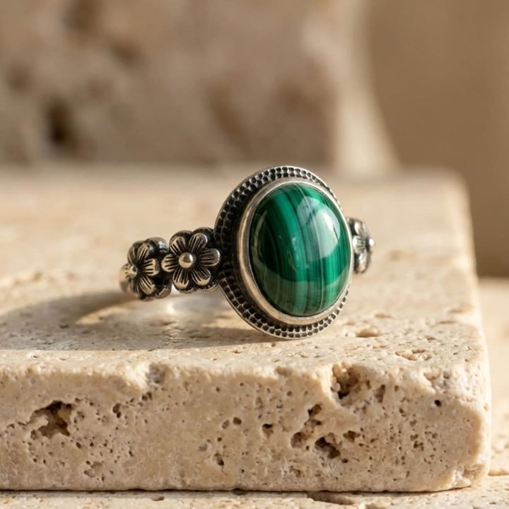 "Transformation Flower" Ring in Malachite