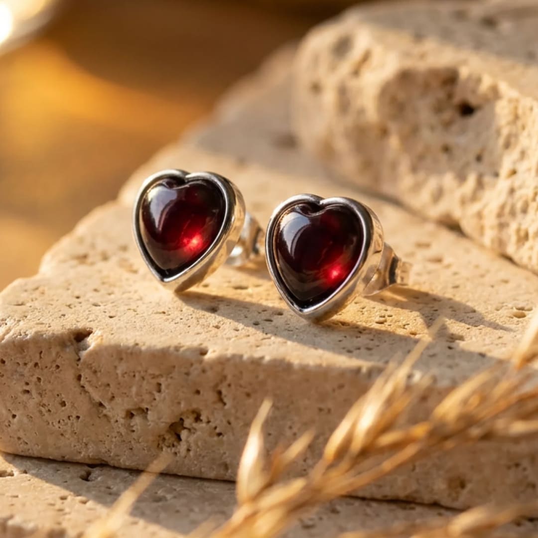"Passion Heart" Earrings in Garnet & Silver Metal