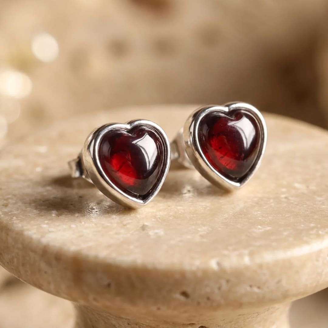 "Passion Heart" Earrings in Garnet & Silver Metal