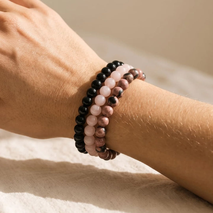 "Peace and Balance" Bracelet Trio in Onyx, Rose Quartz & Rhodonite