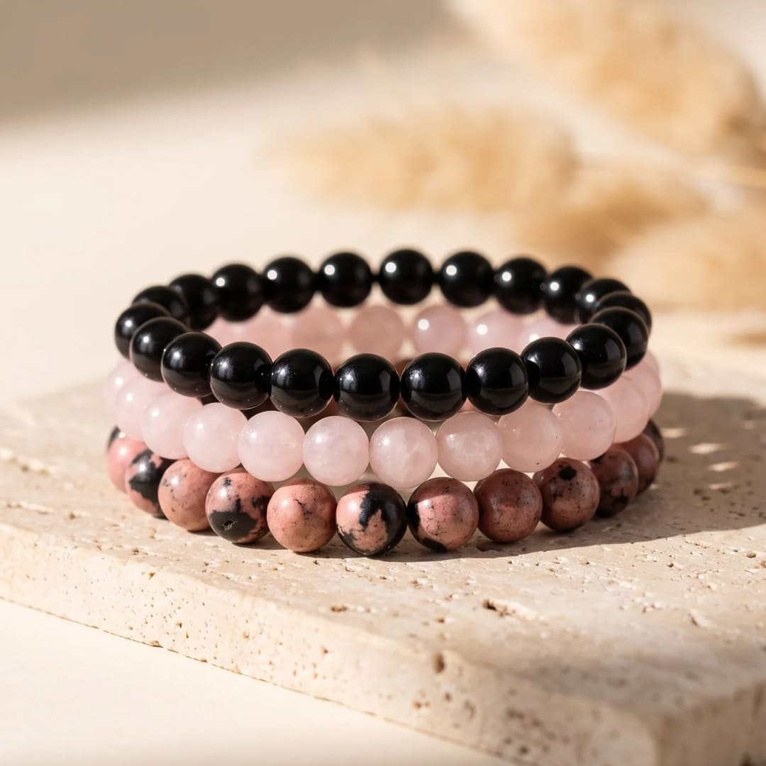 "Peace and Balance" Bracelet Trio in Onyx, Rose Quartz & Rhodonite