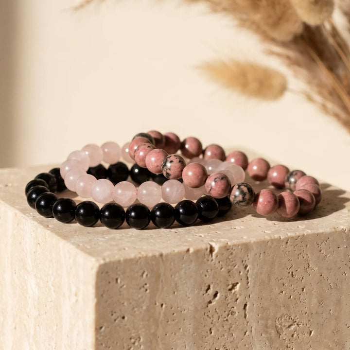 "Peace and Balance" Bracelet Trio in Onyx, Rose Quartz & Rhodonite