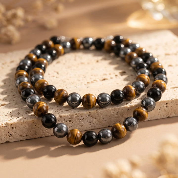 "3 Protections" Necklace in Hematite, Obsidian & Tiger's Eye
