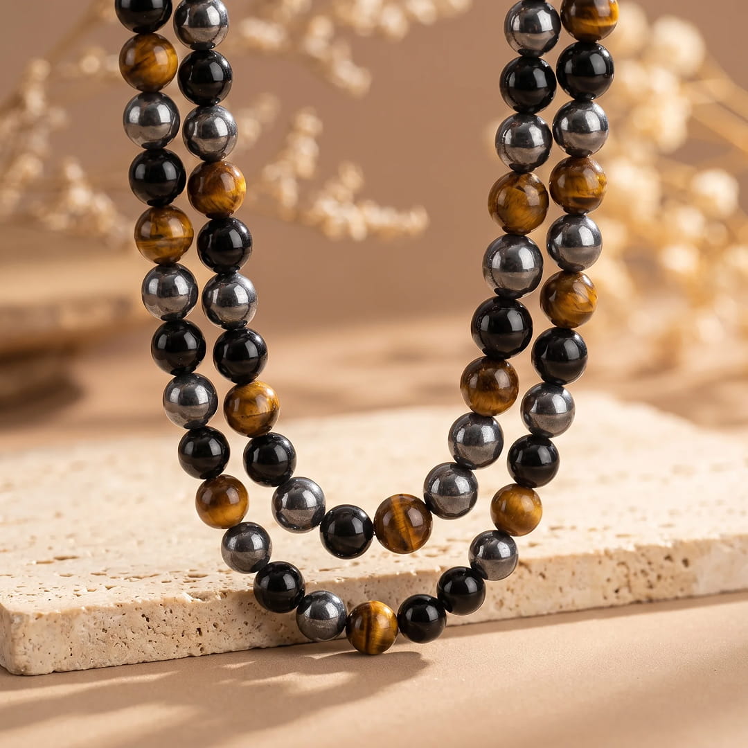 "3 Protections" Necklace in Hematite, Obsidian & Tiger's Eye