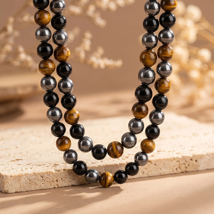 "3 Protections" Necklace in Hematite, Obsidian & Tiger's Eye