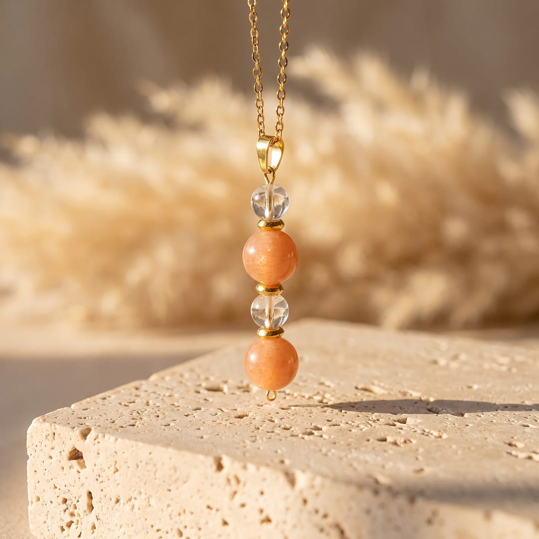 "Aube Claire" Pendant in Sunstone and Rock Crystal
