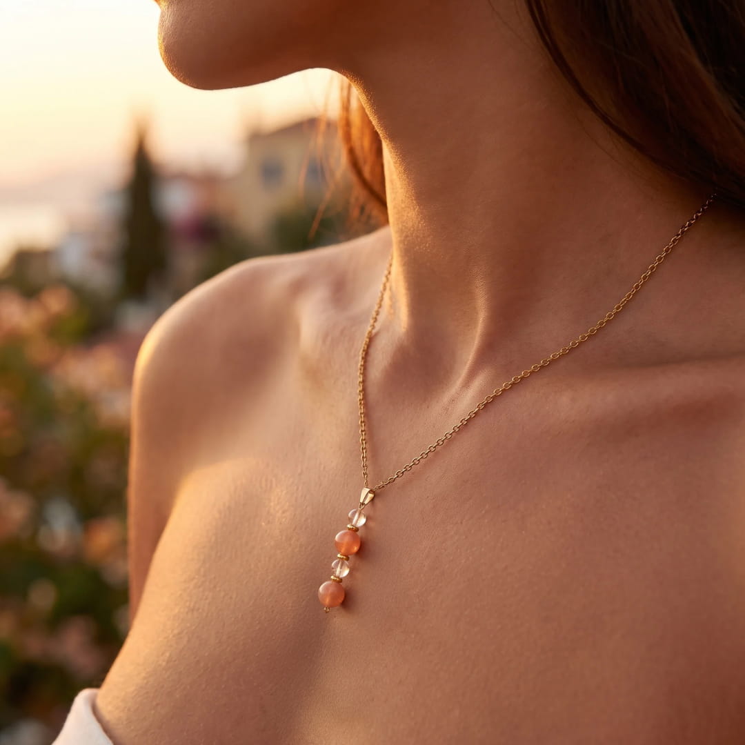 "Aube Claire" Pendant in Sunstone and Rock Crystal