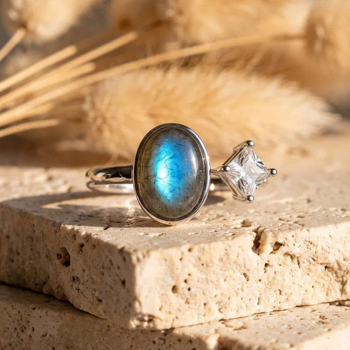 "Intuitive Elegance" Ring in Labradorite and Zircon