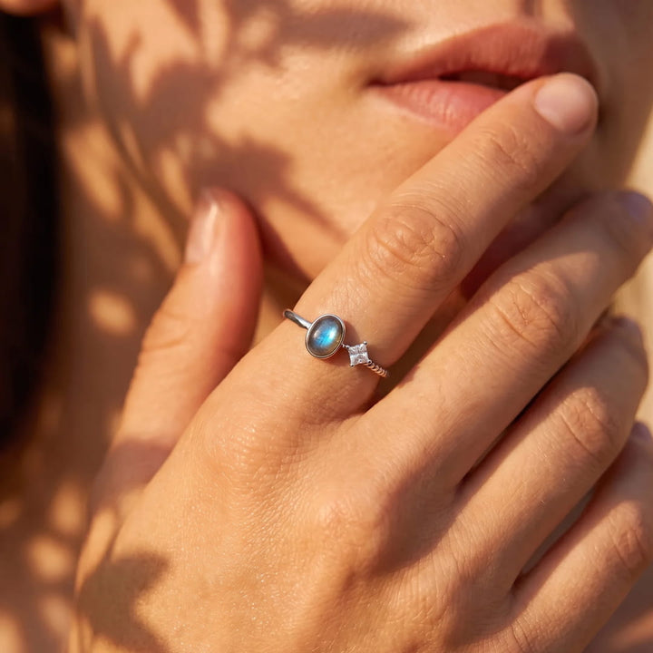 "Intuitive Elegance" Ring in Labradorite and Zircon