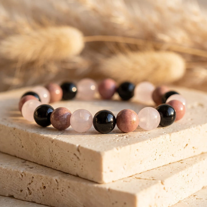 "Perfect Harmony" Bracelet in Black Tourmaline, Rhodonite & Rose Quartz