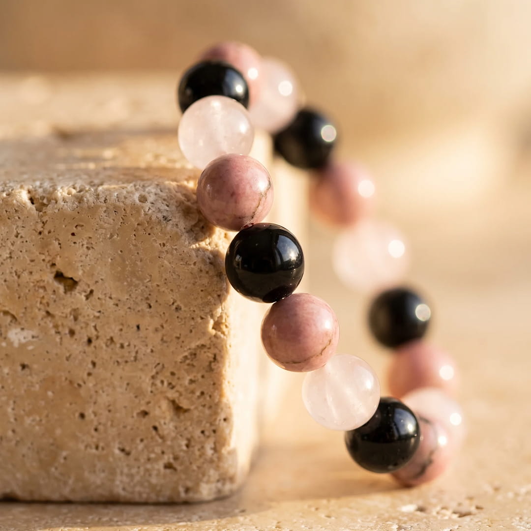 "Perfect Harmony" Bracelet in Black Tourmaline, Rhodonite & Rose Quartz