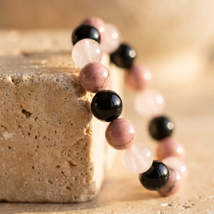 "Perfect Harmony" Bracelet in Black Tourmaline, Rhodonite & Rose Quartz