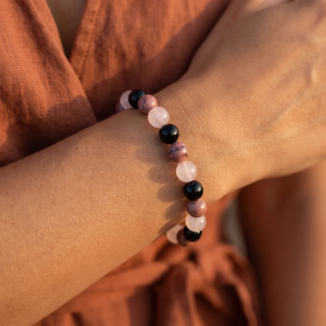 "Perfect Harmony" Bracelet in Black Tourmaline, Rhodonite & Rose Quartz