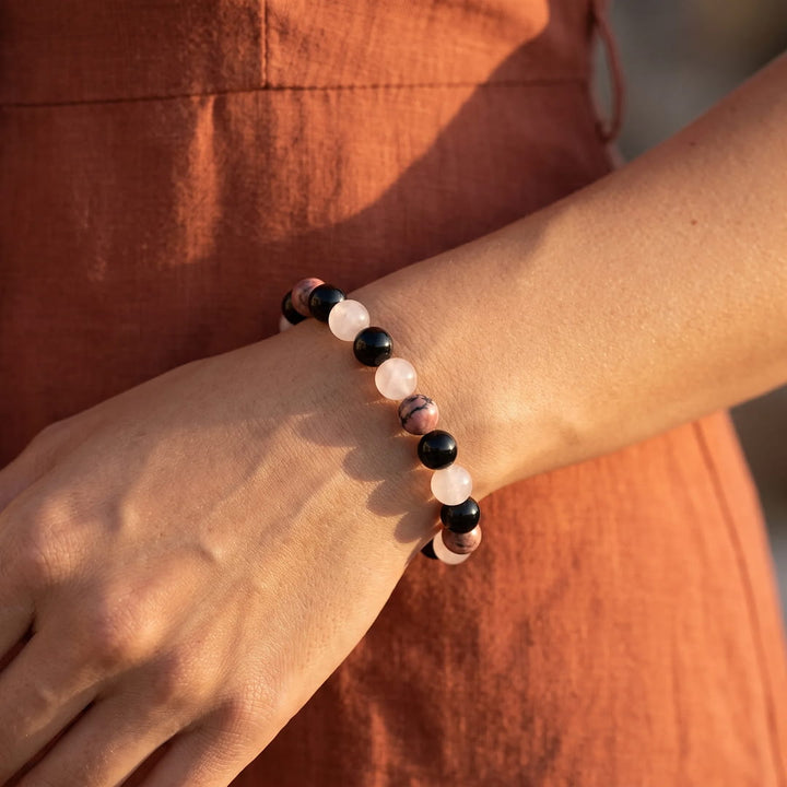 "Perfect Harmony" Bracelet in Black Tourmaline, Rhodonite & Rose Quartz