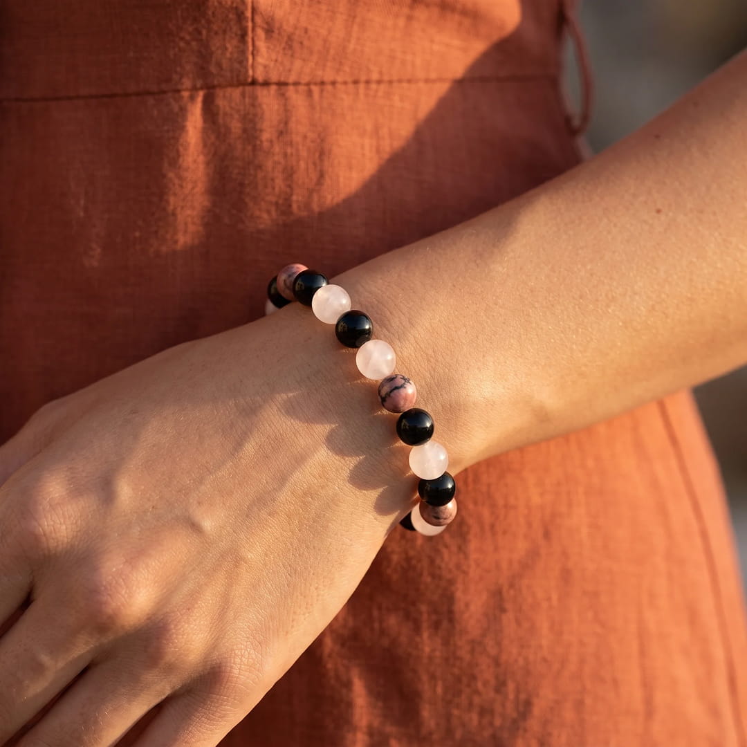 "Perfect Harmony" Bracelet in Black Tourmaline, Rhodonite & Rose Quartz