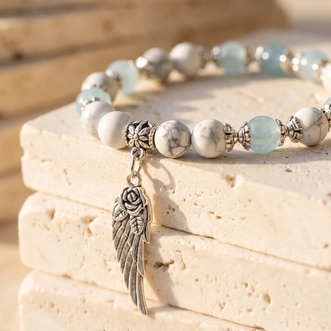 Angel Wing Bracelet in Howlite & Aquamarine