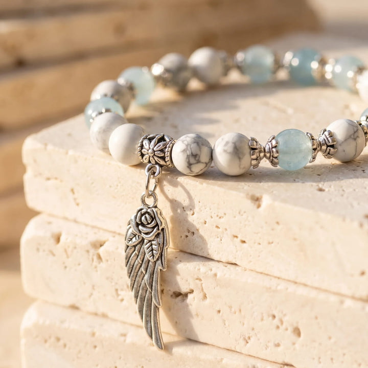 Angel Wing Bracelet in Howlite & Aquamarine