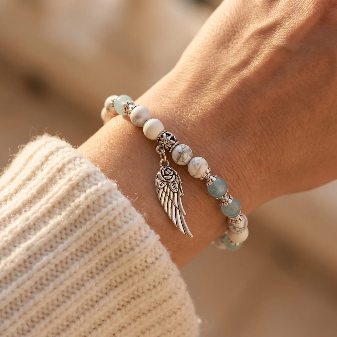 Angel Wing Bracelet in Howlite & Aquamarine