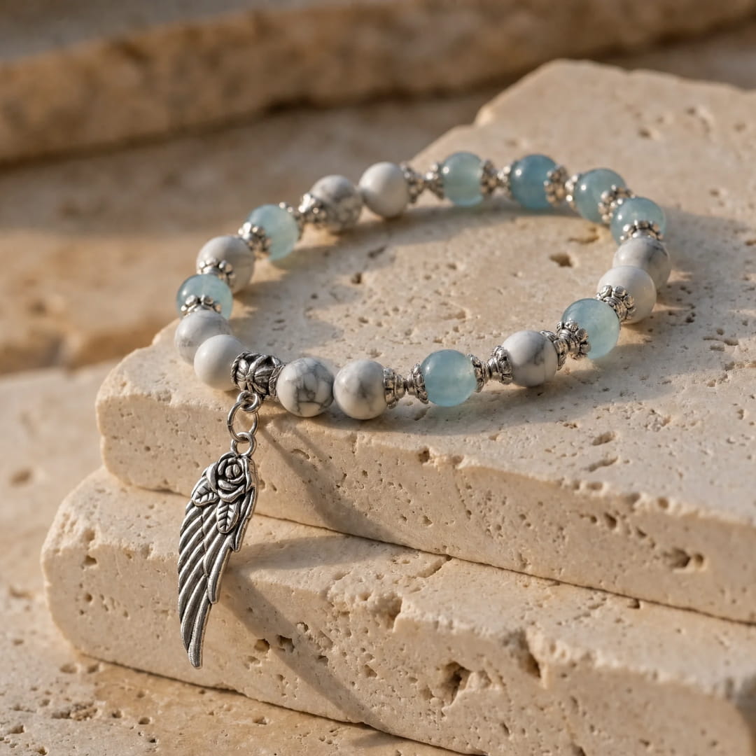 Angel Wing Bracelet in Howlite & Aquamarine