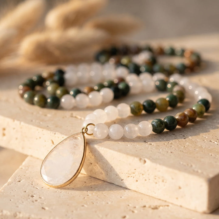 Mala Necklace "Path of Light" in Indian Agate & White Quartz
