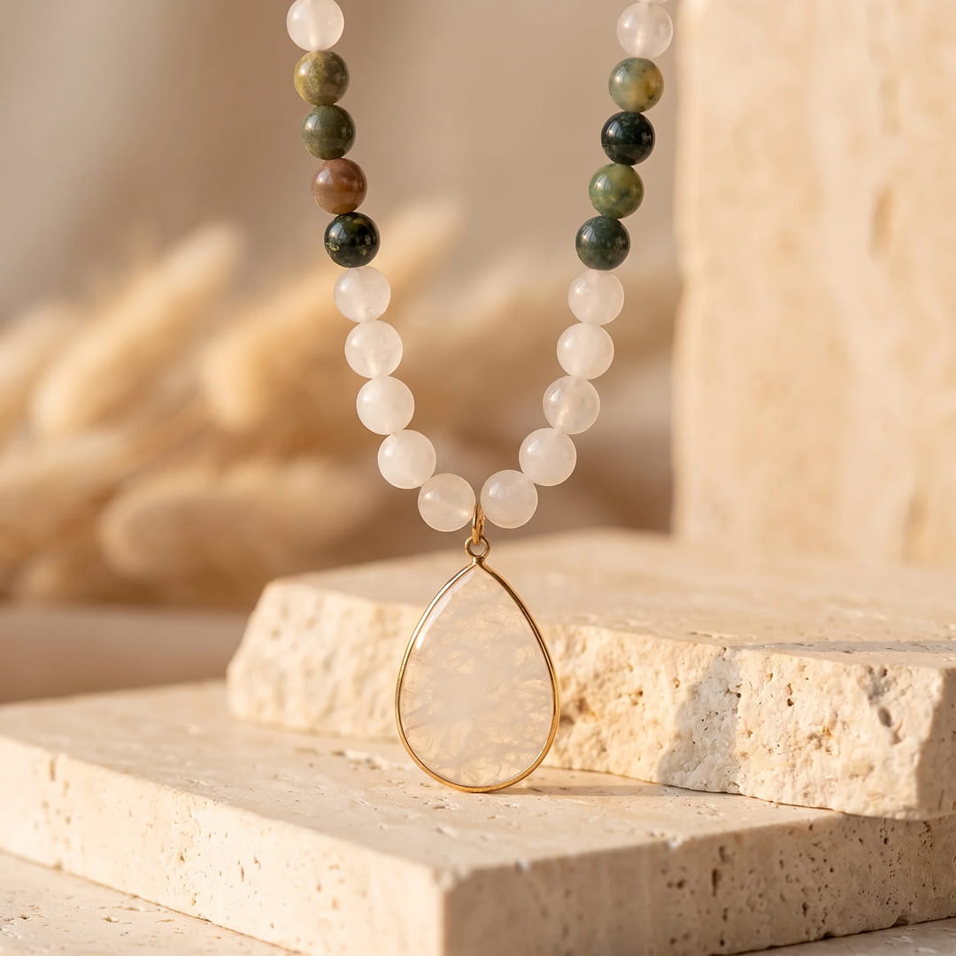 Mala Necklace "Path of Light" in Indian Agate & White Quartz