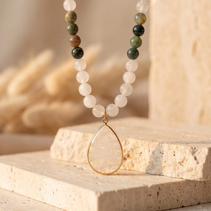 Mala Necklace "Path of Light" in Indian Agate & White Quartz