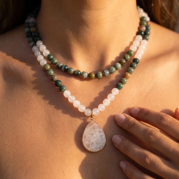 Mala Necklace "Path of Light" in Indian Agate & White Quartz