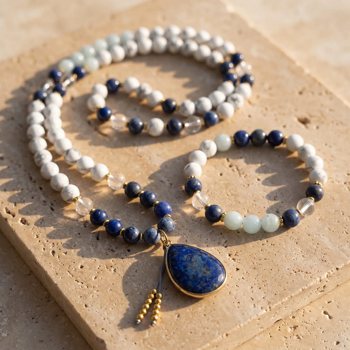 Mala Necklace "Blue Serenity" in Lapis Lazuli, Aquamarine & Howlite