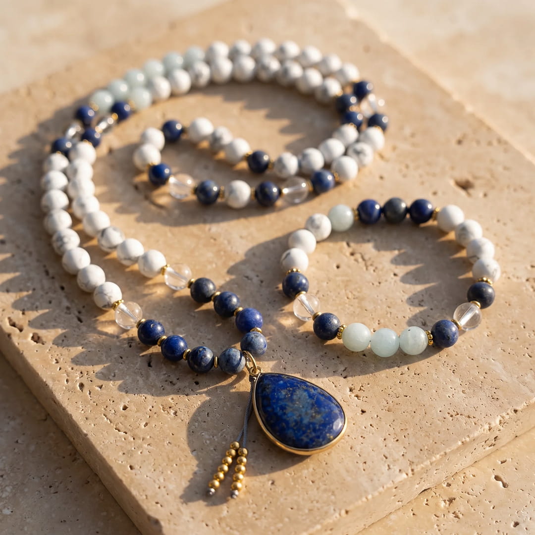 Mala Necklace "Serenity Blue" in Lapis Lazuli, Aquamarine & Howlite