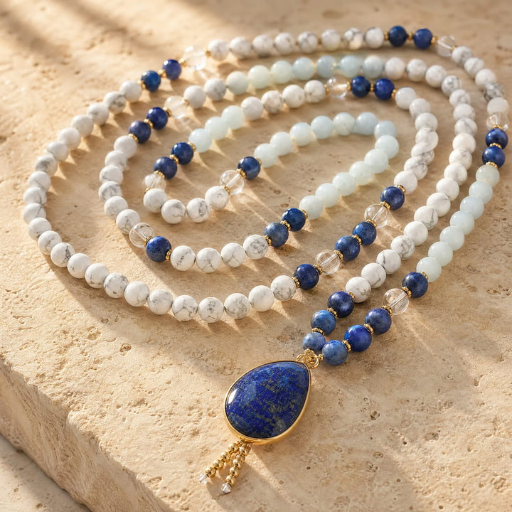 Mala Necklace "Blue Serenity" in Lapis Lazuli, Aquamarine & Howlite