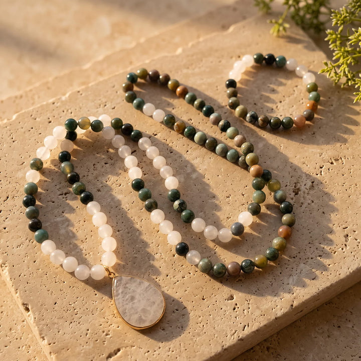 Mala Necklace "Path of Light" in Indian Agate & White Quartz