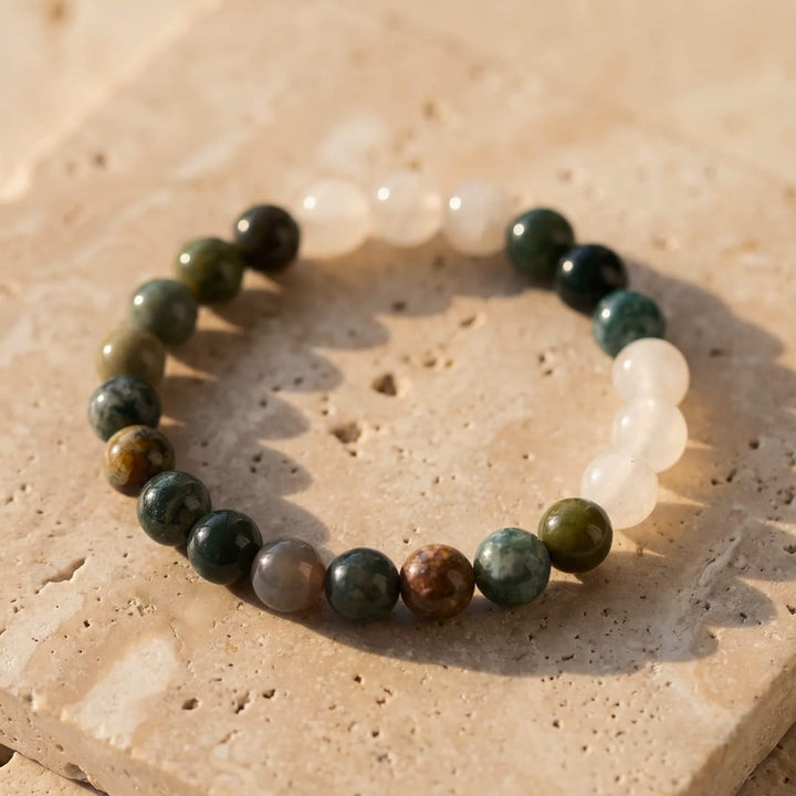 Mala Necklace "Path of Light" in Indian Agate & White Quartz
