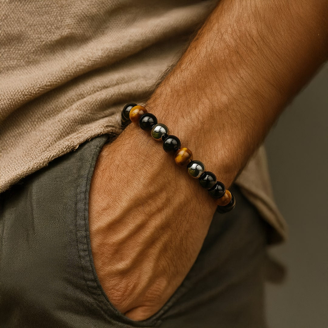 "3 Protections" Bracelet in Tiger Eye, Hematite & Black Obsidian