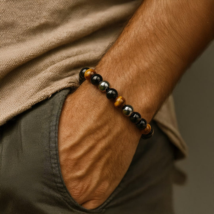 "3 Protections" Bracelet in Tiger Eye, Hematite & Black Obsidian