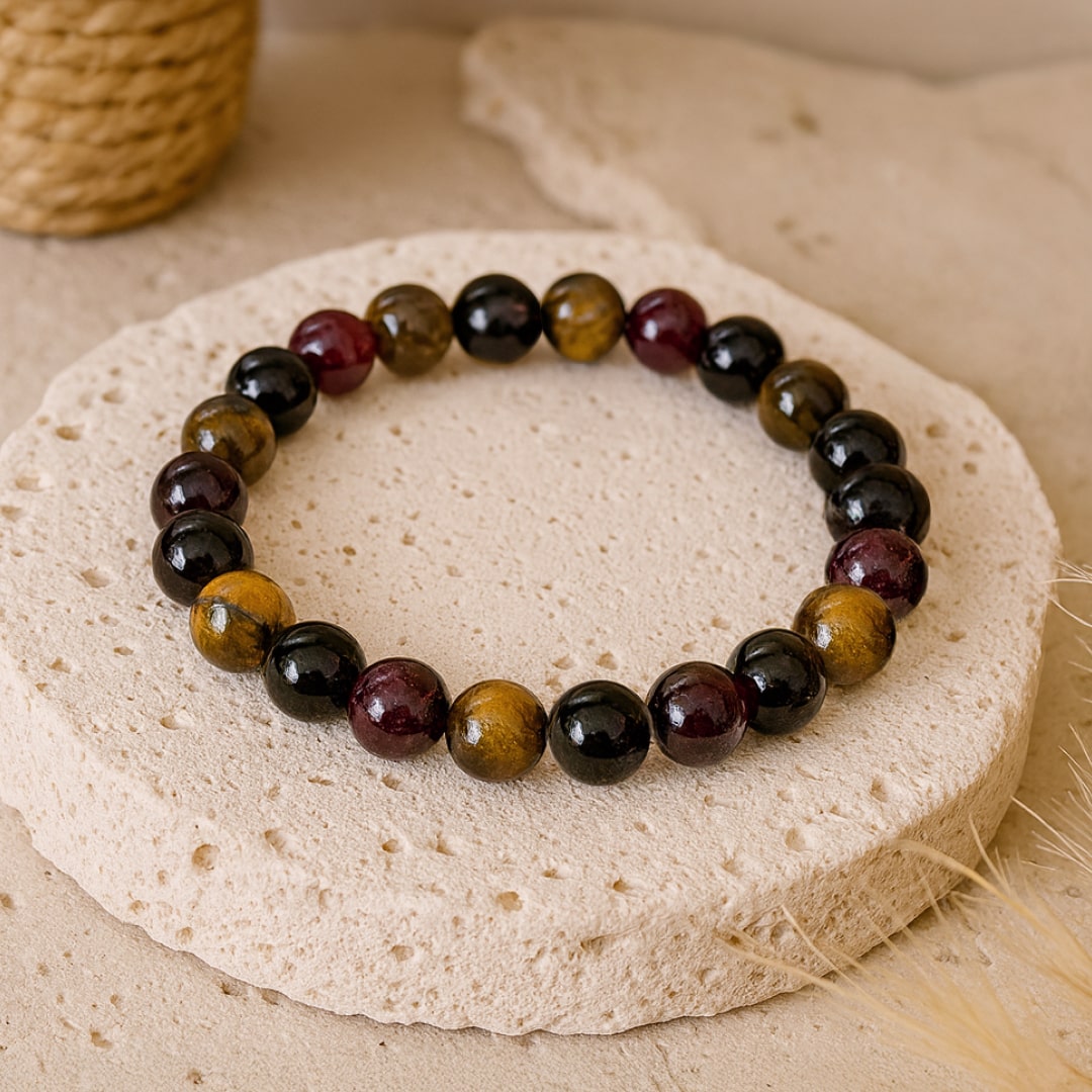 "Success & Protection" Bracelet in Tiger's Eye, Garnet, Black Tourmaline & Smoky Quartz