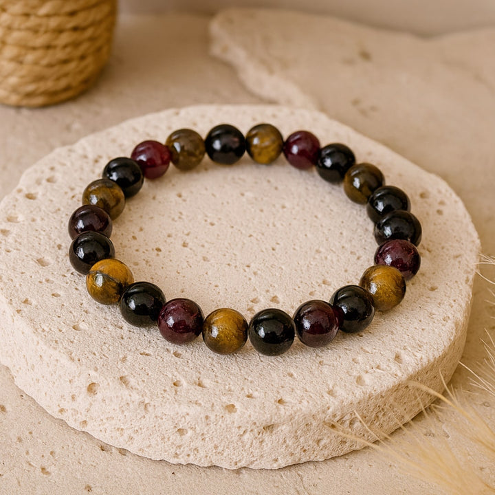 "Success & Protection" Bracelet in Tiger's Eye, Garnet, Black Tourmaline & Smoky Quartz